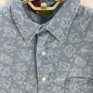Roundy Bay Hawaiian Button Up Shirt XL Blue Fish Print Short Sleeve Cotton Blend
